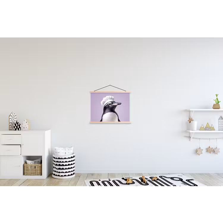 Pinguïn - Koksmuts - Lief - Paars textielposter latten blank klein -kinderkamer