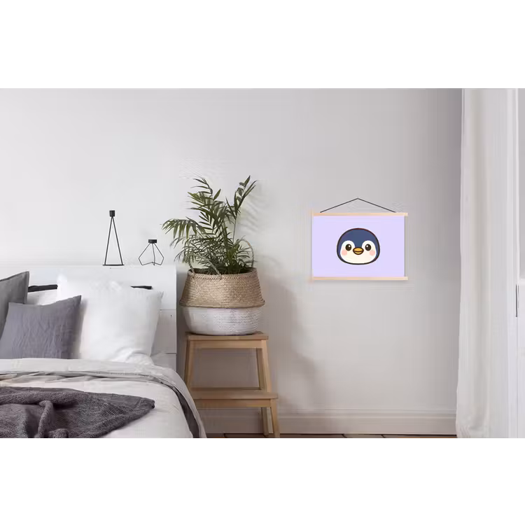 Pinguïn - Paars - Schattig textielposter latten blank klein -woonkamer