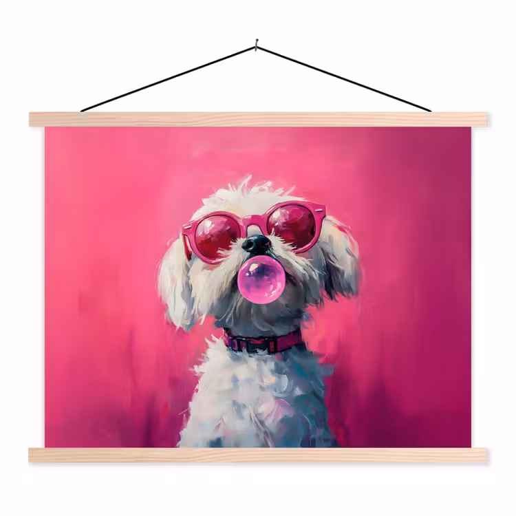 Pink - Hond - Bubbel textielposter latten blank klein -3d