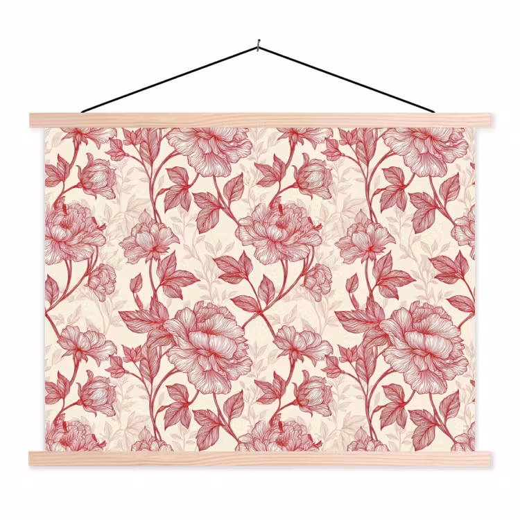 Pioenrozen - Modern - Rood textielposter latten blank klein 122 -3d