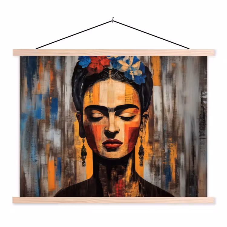 Portret - Vrouw - Bloemen textielposter latten blank klein -3d