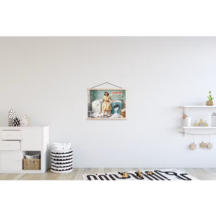 Retro - Blauw - Vrouw textielposter latten blank klein -kinderkamer
