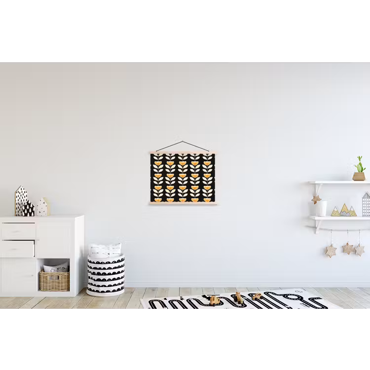 Retro - Bloem - Zwart - Okergeel textielposter latten blank klein 122 -kinderkamer