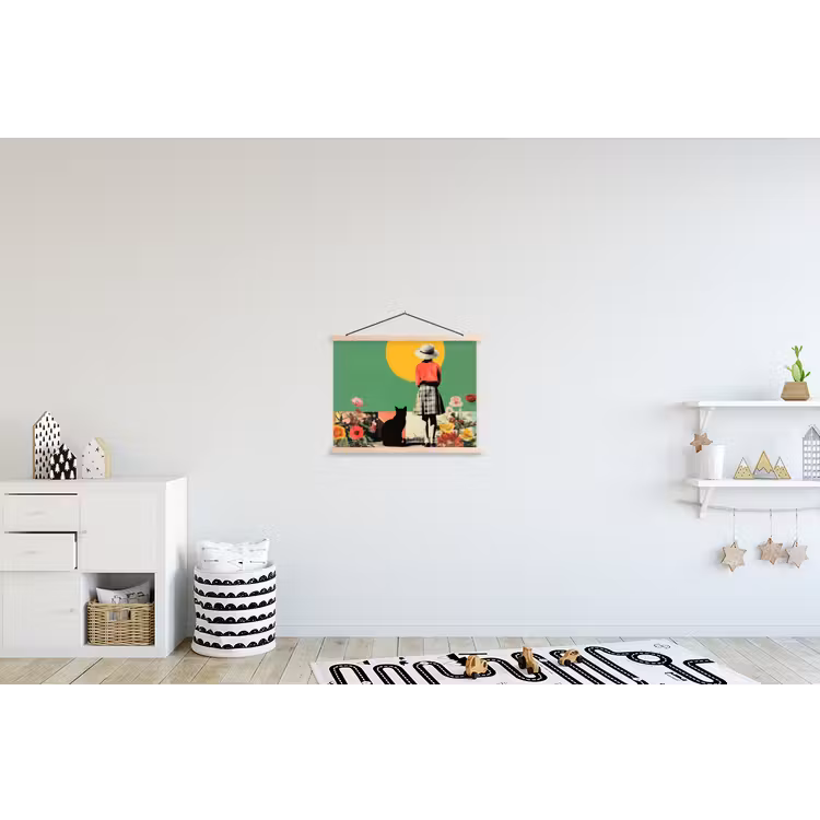 Retro - Meisje - Kat - Zon textielposter latten blank klein -kinderkamer