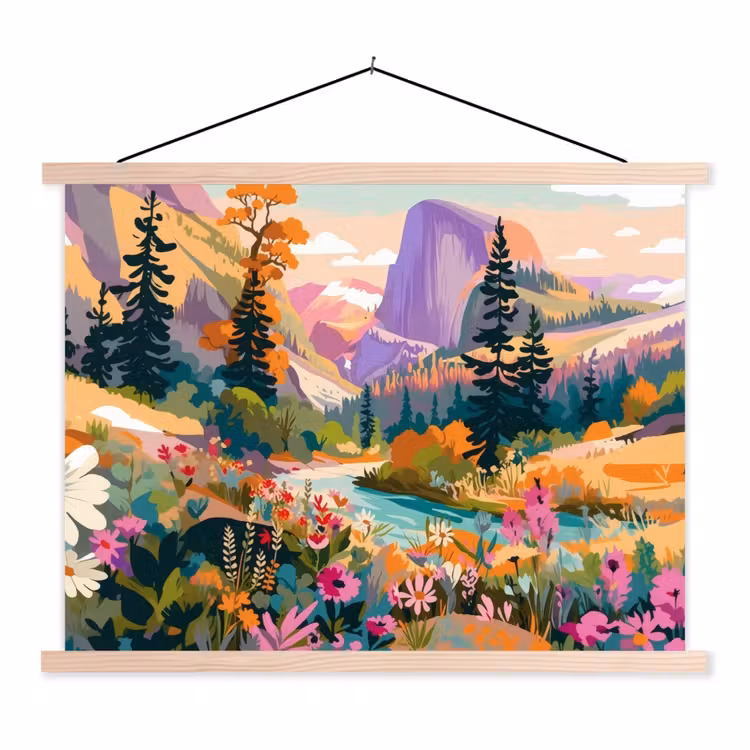 Rivier - Vallei vol bloemen - Levendig textielposter latten blank klein -3d