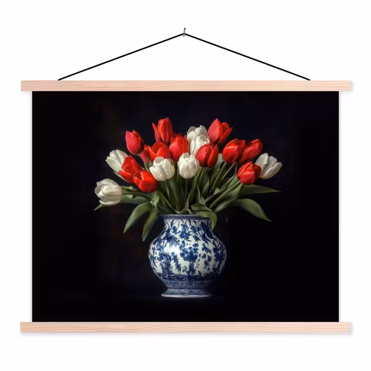 Rode - Bloemen - Tulpen - Vaas textielposter latten blank klein -3d