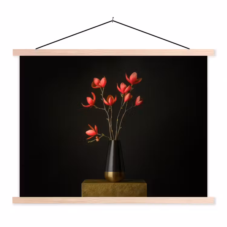 Rode - Bloemen - Vaas textielposter latten blank klein -3d