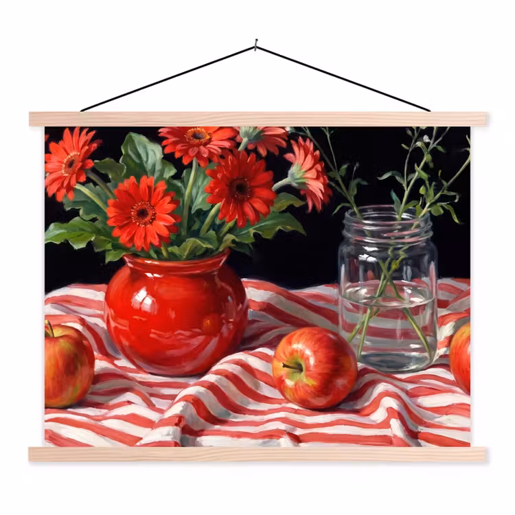 Schoolplaat - Rode bloemen - Vaas - Rode bloemen - Vaas textielposter latten blank klein