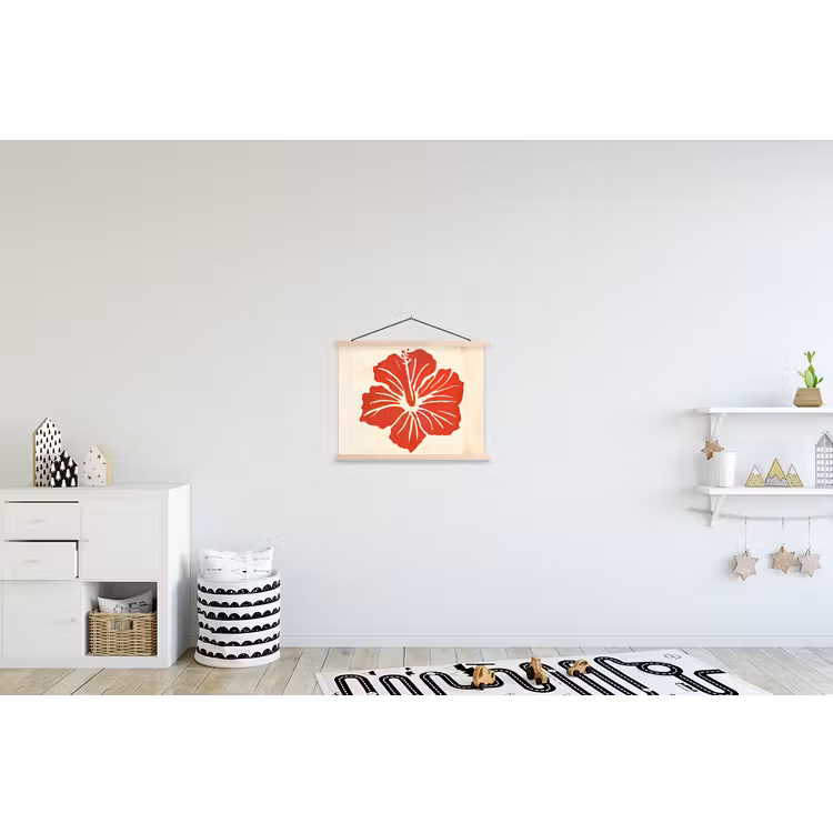 Rode hibiscusbloem - Textuur achtergrond - Beige textielposter latten blank klein -kinderkamer