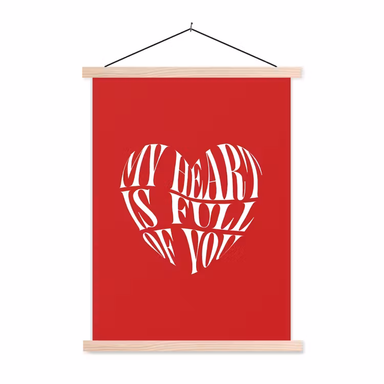 Rood - Hart- Tekst - Valentijn textielposter latten blank klein -3d