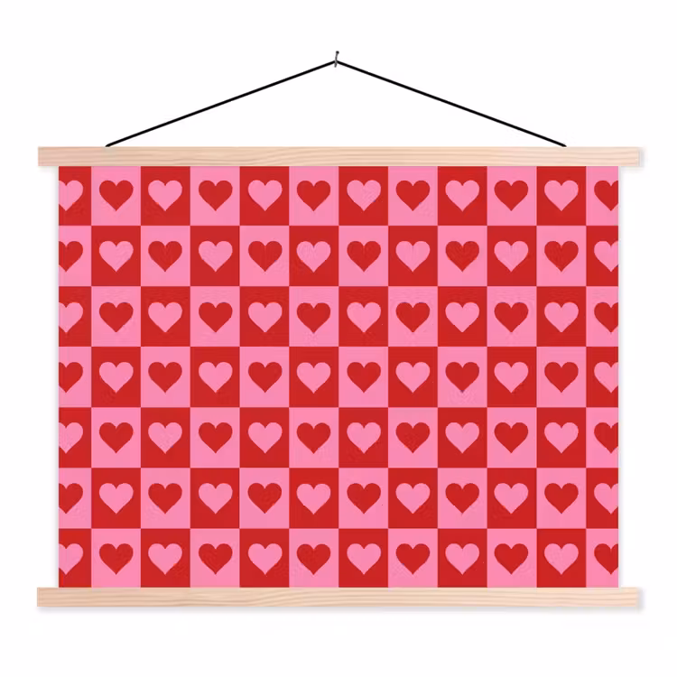 Rood - Roze - Schaakbord - Valentijn textielposter latten blank klein -3d