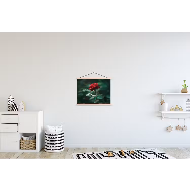 Roos - Bladeren - Dieprood textielposter latten blank klein -kinderkamer