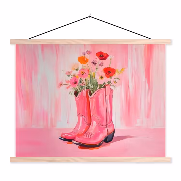 Roze - Bloemen - Cowboy textielposter latten blank klein -3d