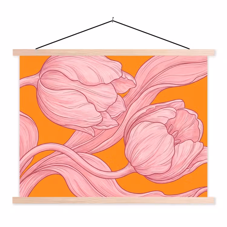 Schoolplaat - Roze bloemen - Modern - Roze bloemen - Modern textielposter latten blank klein