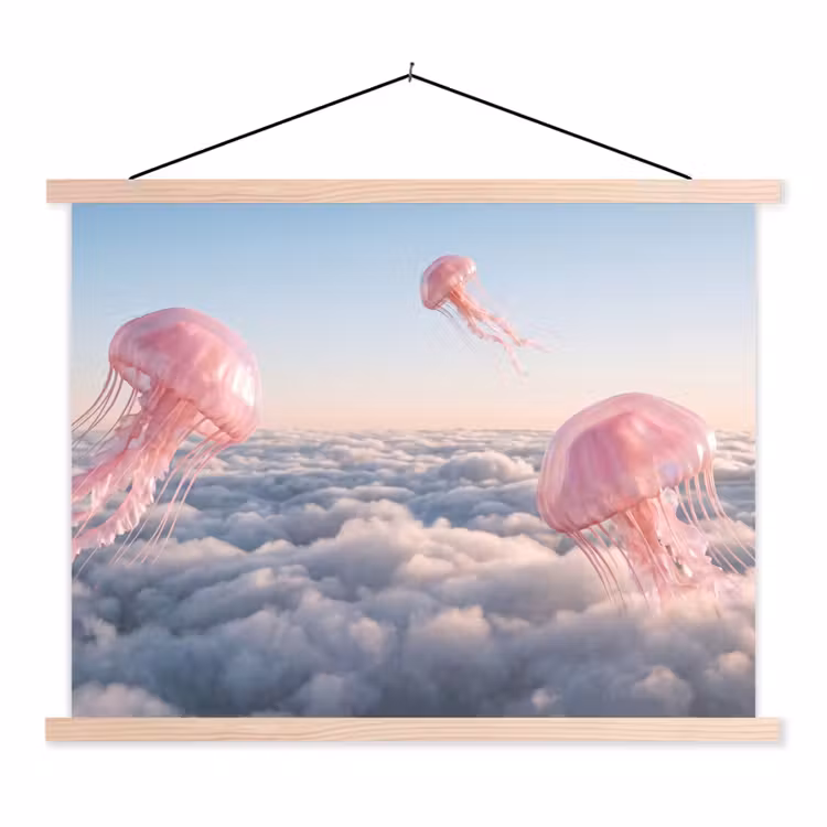 Schoolplaat - Roze dier - Wolken - Roze dier - Wolken textielposter latten blank klein