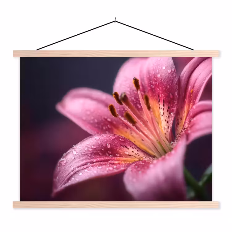 Roze - lelie - Dauwdruppels textielposter latten blank klein -3d
