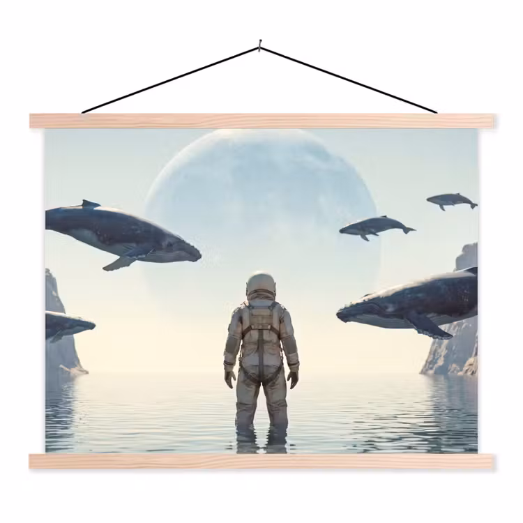 Schoolplaat - Ruimtevaarder - Walvis - Fantasie - Ruimtevaarder - Walvis - Fantasie textielposter latten blank klein
