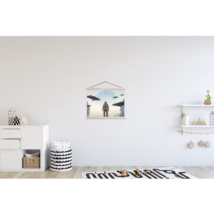 Schoolplaat - Ruimtevaarder - Walvis - Fantasie - Ruimtevaarder - Walvis - Fantasie textielposter latten blank klein