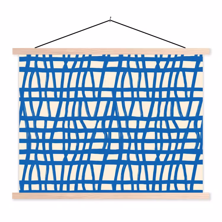 Ruitpatroon - Blauw - Crème textielposter latten blank klein 122 -3d