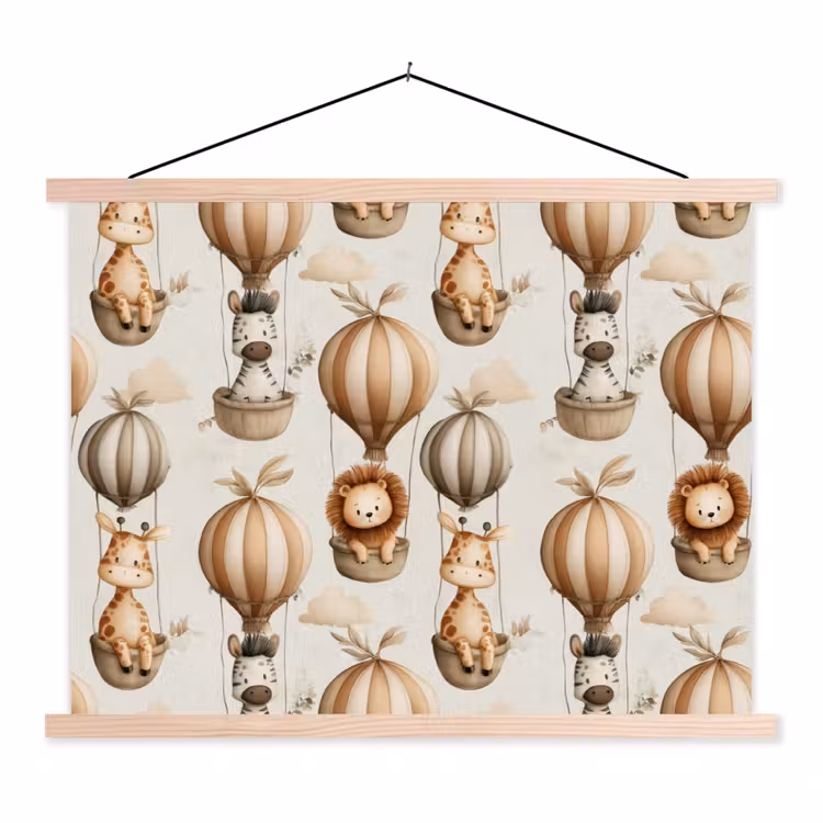 Safari - Luchtballonen - Taupe textielposter latten blank klein 122 -3d