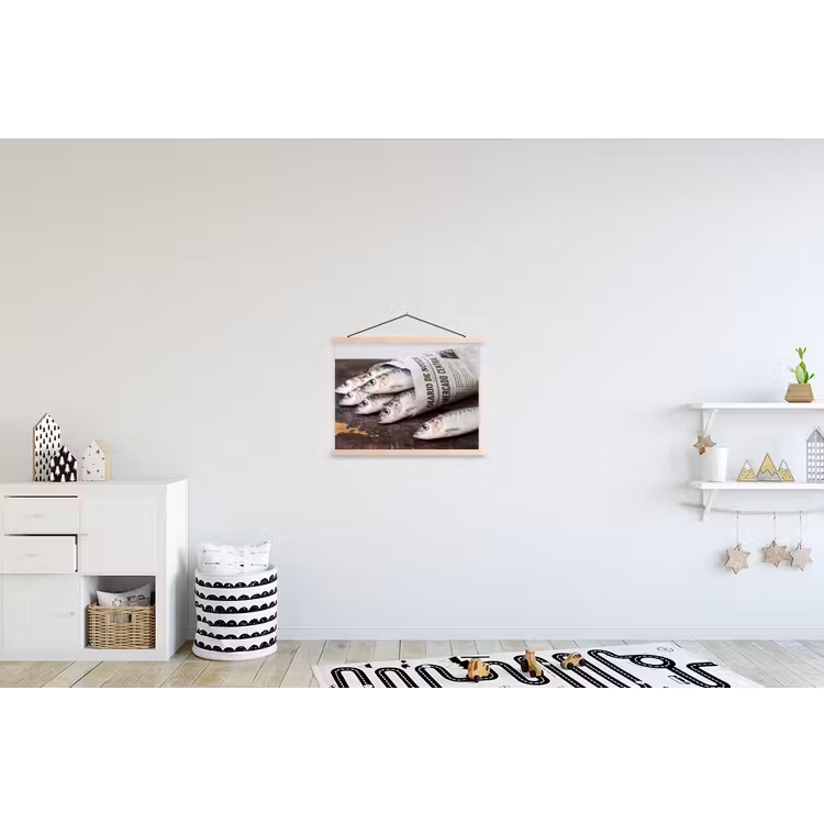 Schoolplaat - Sardientje - krant - snijplank - Sardientje - krant - snijplank textielposter latten blank klein