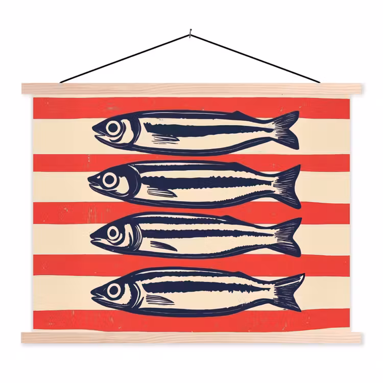 Sardines - Rood en beige strepen textielposter latten blank klein -3d