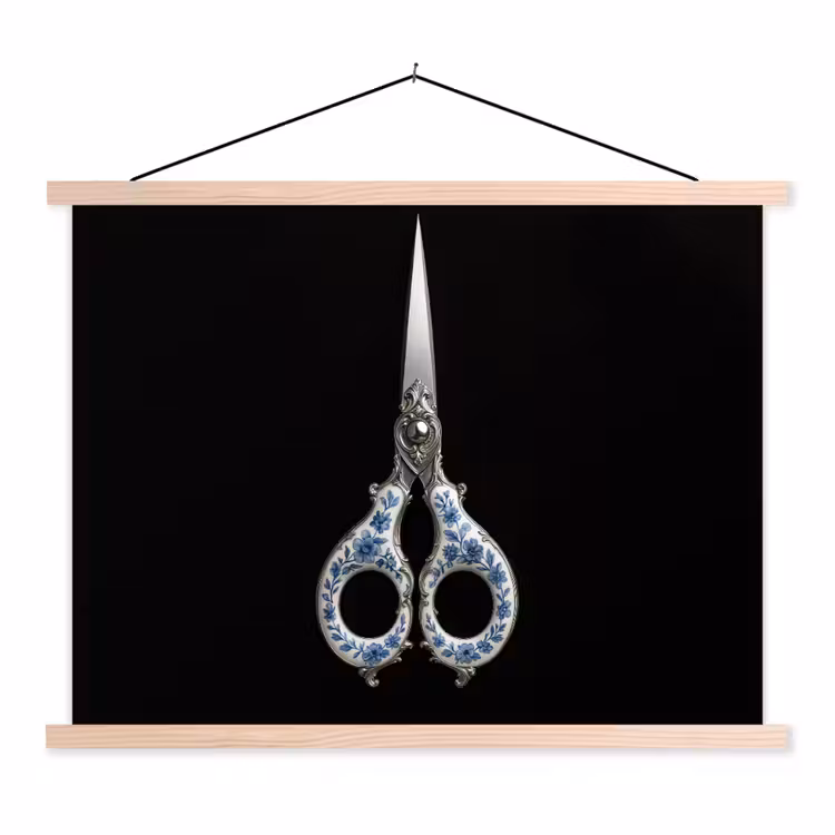 Schaar - Delfts blauw - Zwart textielposter latten blank klein -3d
