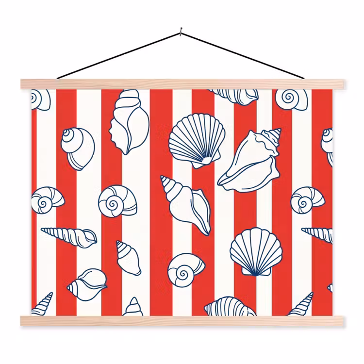 Schelp - Zeedieren - Zomer - Illustratie - Rood - Blauw textielposter latten blank klein -3d