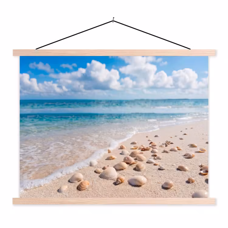 Schelpen - Strand - Natuur - Beige textielposter latten blank klein -3d
