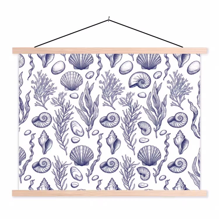Schelpen - Zeewier - Oceaan - Illustratie - Blauw textielposter latten blank klein -3d