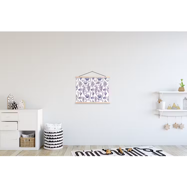 Schelpen - Zeewier - Oceaan - Illustratie - Blauw textielposter latten blank klein -kinderkamer