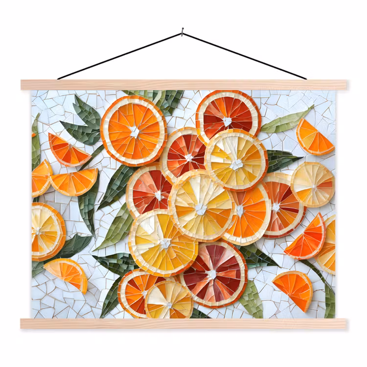 Schijfjes - Fruit - Oranje - Mozaïek textielposter latten blank klein -3d