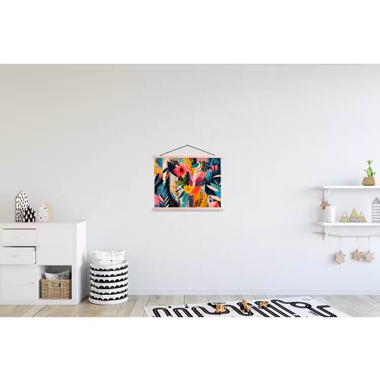 Schilderij - Abstract - Bloemen - Roze textielposter latten blank klein -kinderkamer