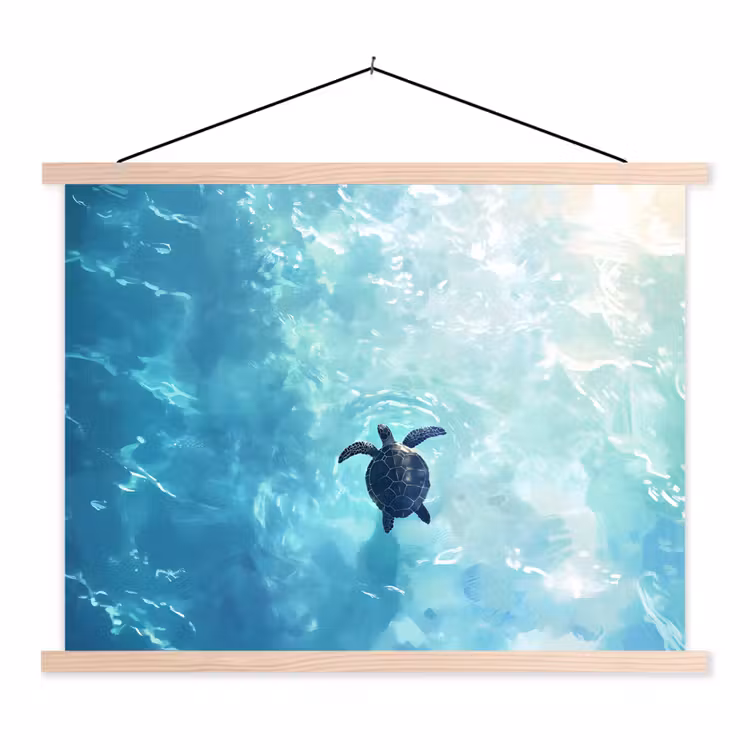 Schildpad - Zee - Blauw - Schittering textielposter latten blank klein -3d