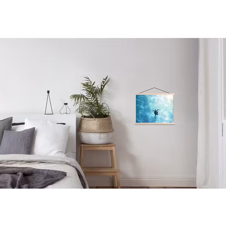 Schildpad - Zee - Blauw - Schittering textielposter latten blank klein -woonkamer