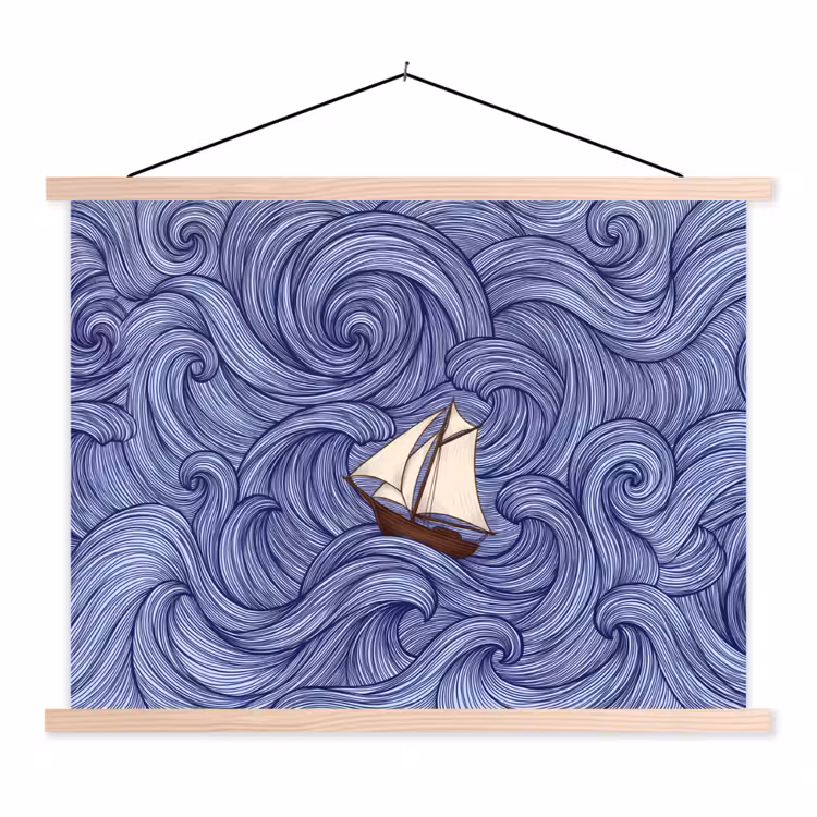 Schip - Golven - Zee - Illustratie - Blauw textielposter latten blank klein -3d