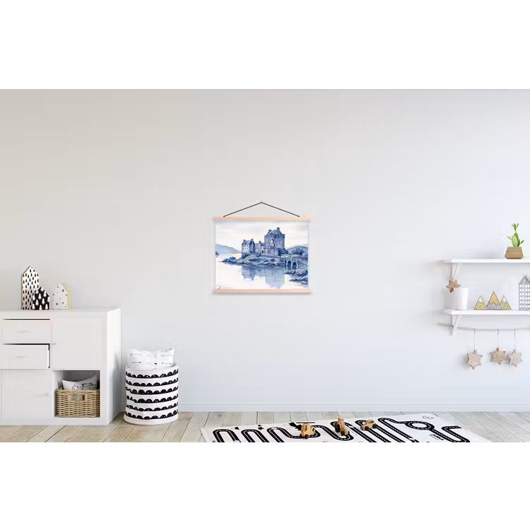 Schots - Kasteel - Blauw - Aquarel textielposter latten blank klein -kinderkamer