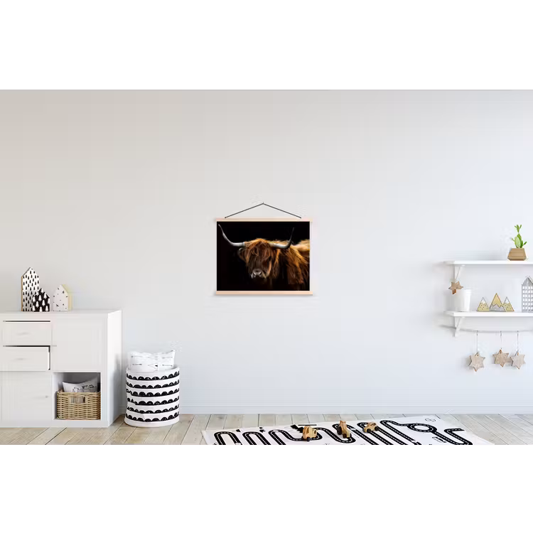 Schotse Hooglander - Horens - Zwart - Dieren - Natuur - Wild - Koe textielposter latten blank klein -kinderkamer