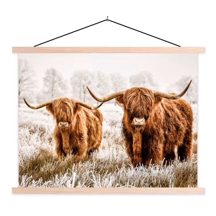 Schotse hooglander - Koe - Natuur - Winter textielposter latten blank klein -3d