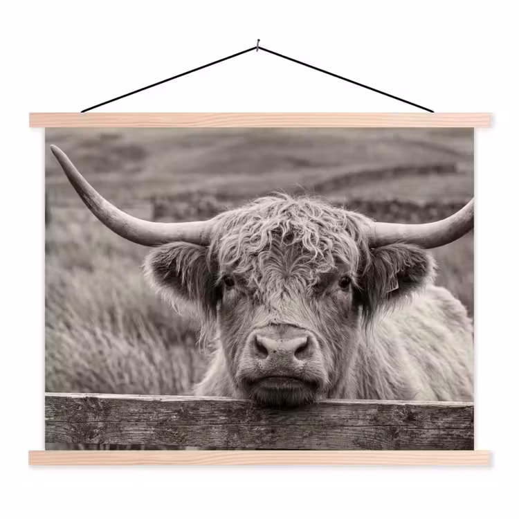 Schotse hooglander - Zwart - Wit - Hout textielposter latten blank klein -3d