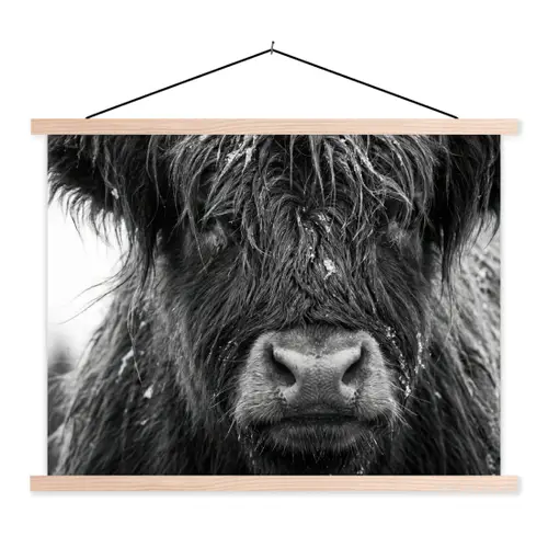 Schotse hooglander - Zwart - Wit - Sneeuwvlokken textielposter latten blank klein -3d