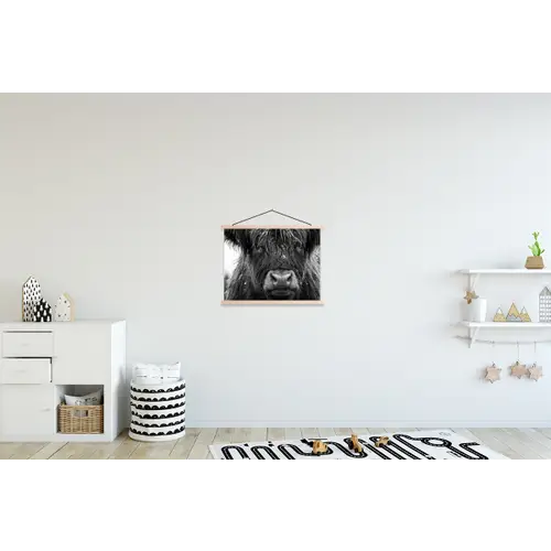 Schotse hooglander - Zwart - Wit - Sneeuwvlokken textielposter latten blank klein -kinderkamer