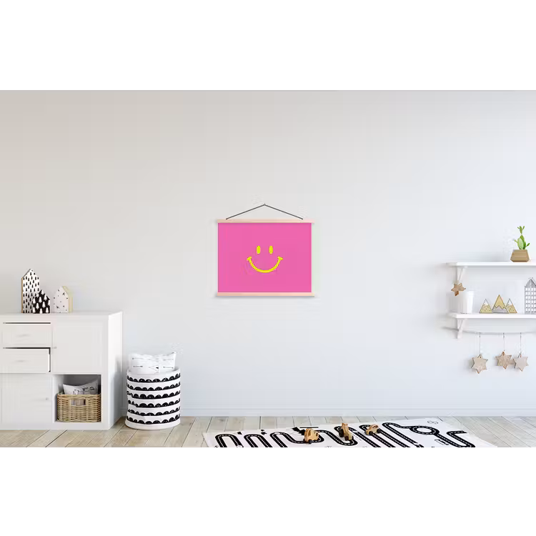 Smiley - Vrolijk - Roze textielposter latten blank klein -kinderkamer