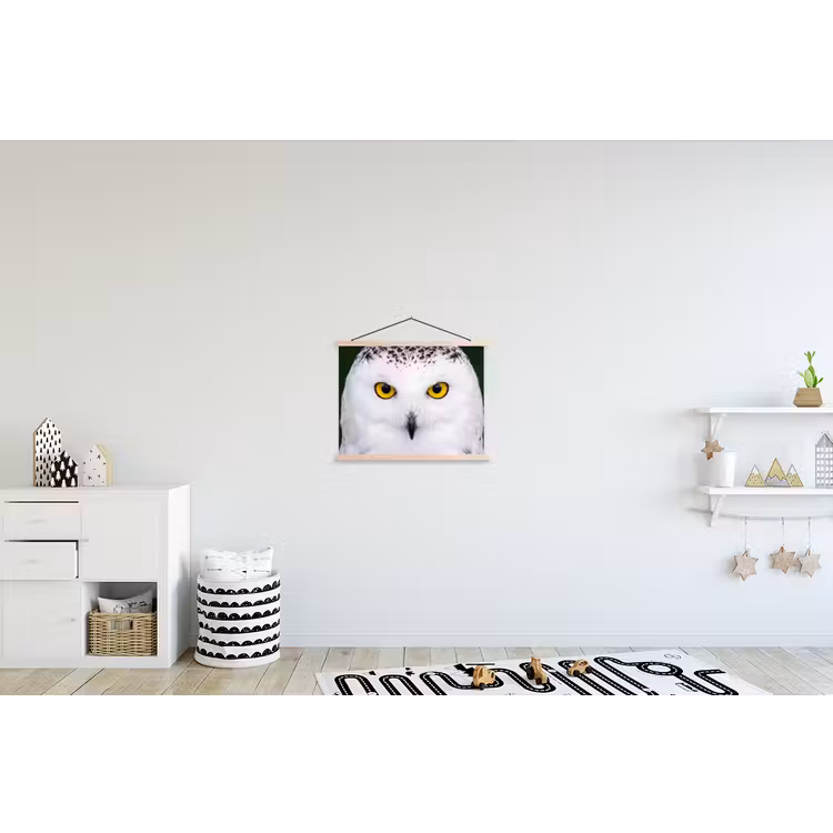 Sneeuwuil - Portret - Geel textielposter latten blank klein -kinderkamer