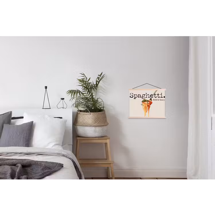 Spaghetti - tomatensaus - Parmezaanse kaas textielposter latten blank klein -woonkamer