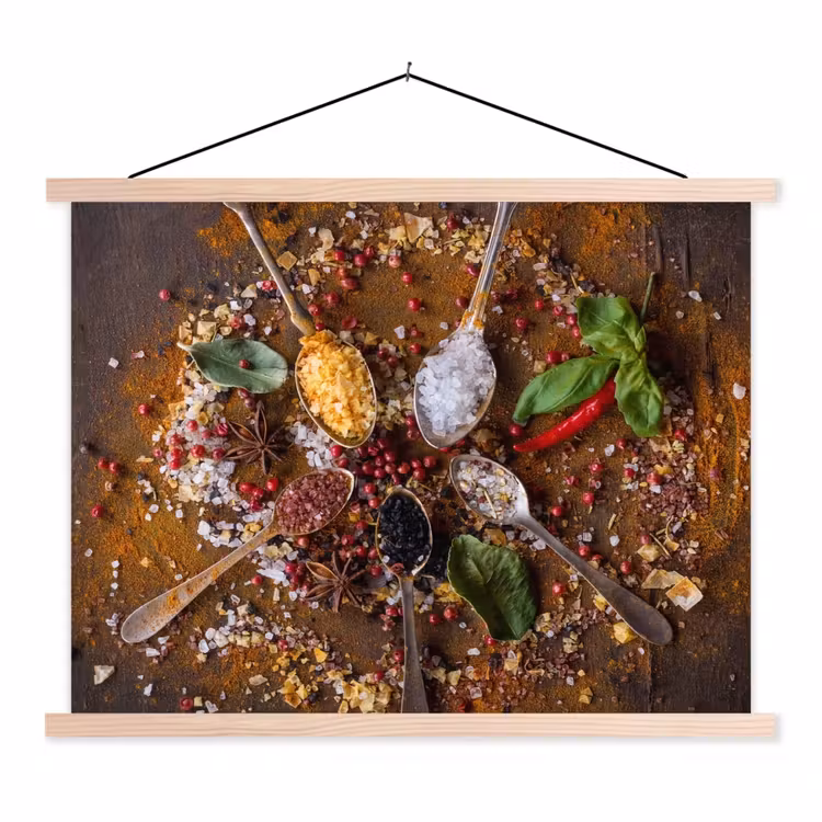 Specerijen - Kruiden - Lepels - Zout - Bruin - Keuken textielposter latten blank klein -3d