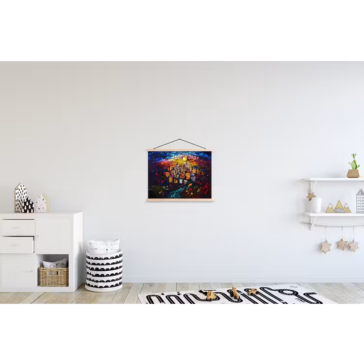 Stad - Maan - Mozaïek - Kleurrijk textielposter latten blank klein -kinderkamer