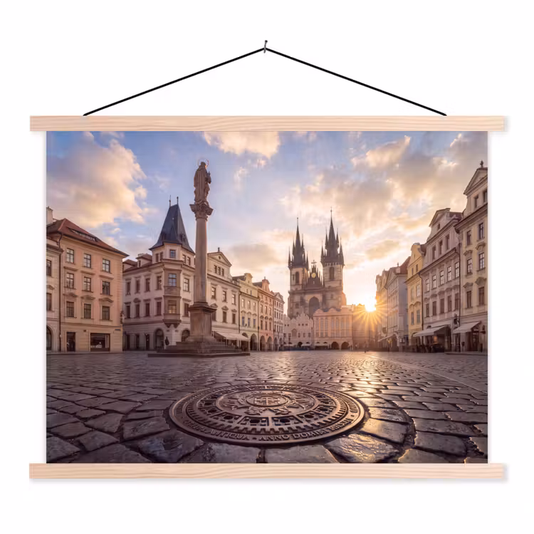 Stad - Praag - Ochtend - Architectuur - Goud textielposter latten blank klein -3d