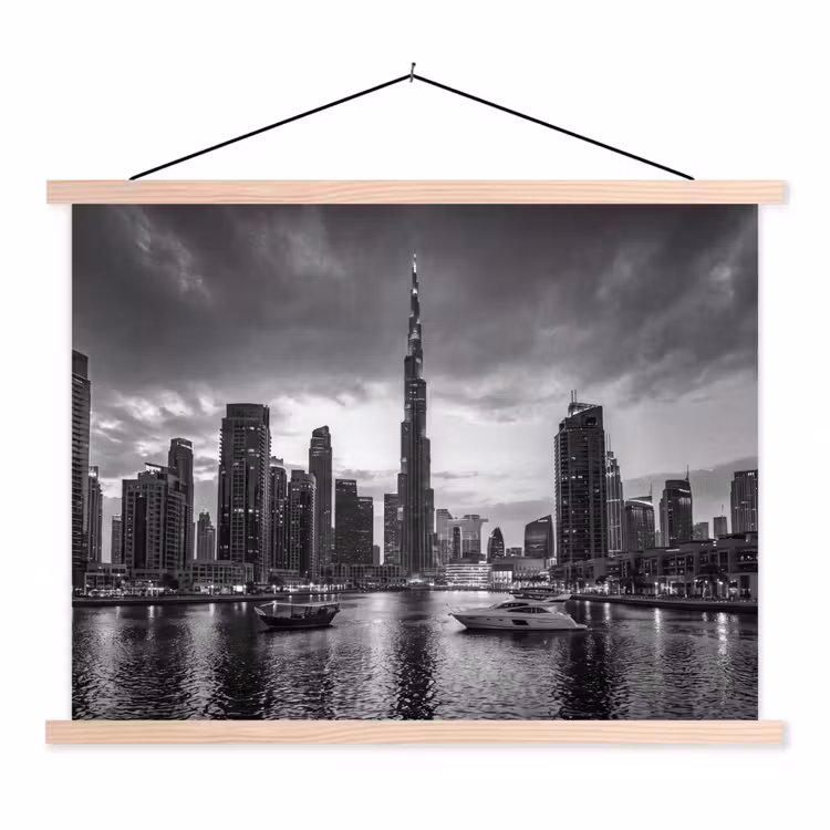 Stad - Skyline - Architectuur - Avond - Zwart-wit textielposter latten blank klein -3d