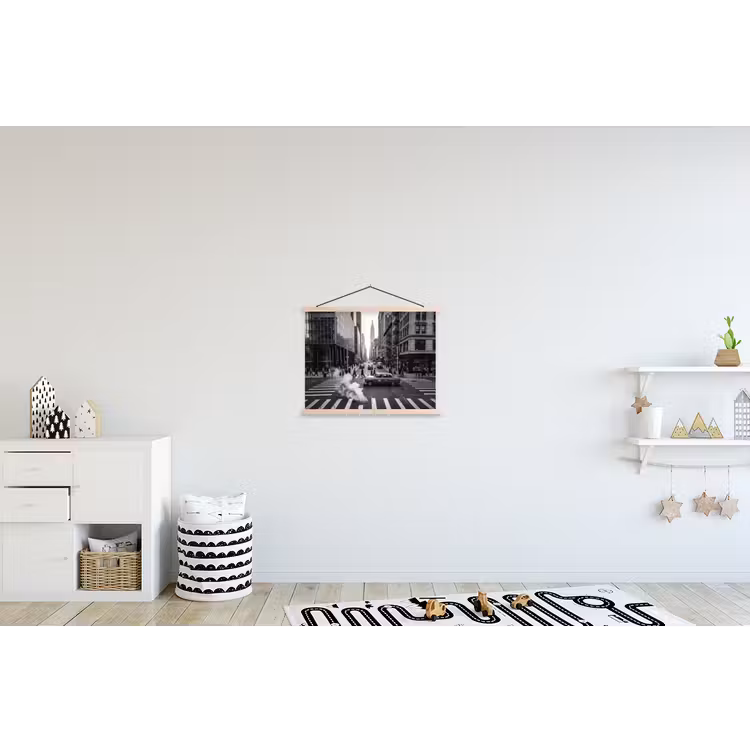 Stad - Straat - Gebouwen - Verkeer - Zwart-wit textielposter latten blank klein -kinderkamer